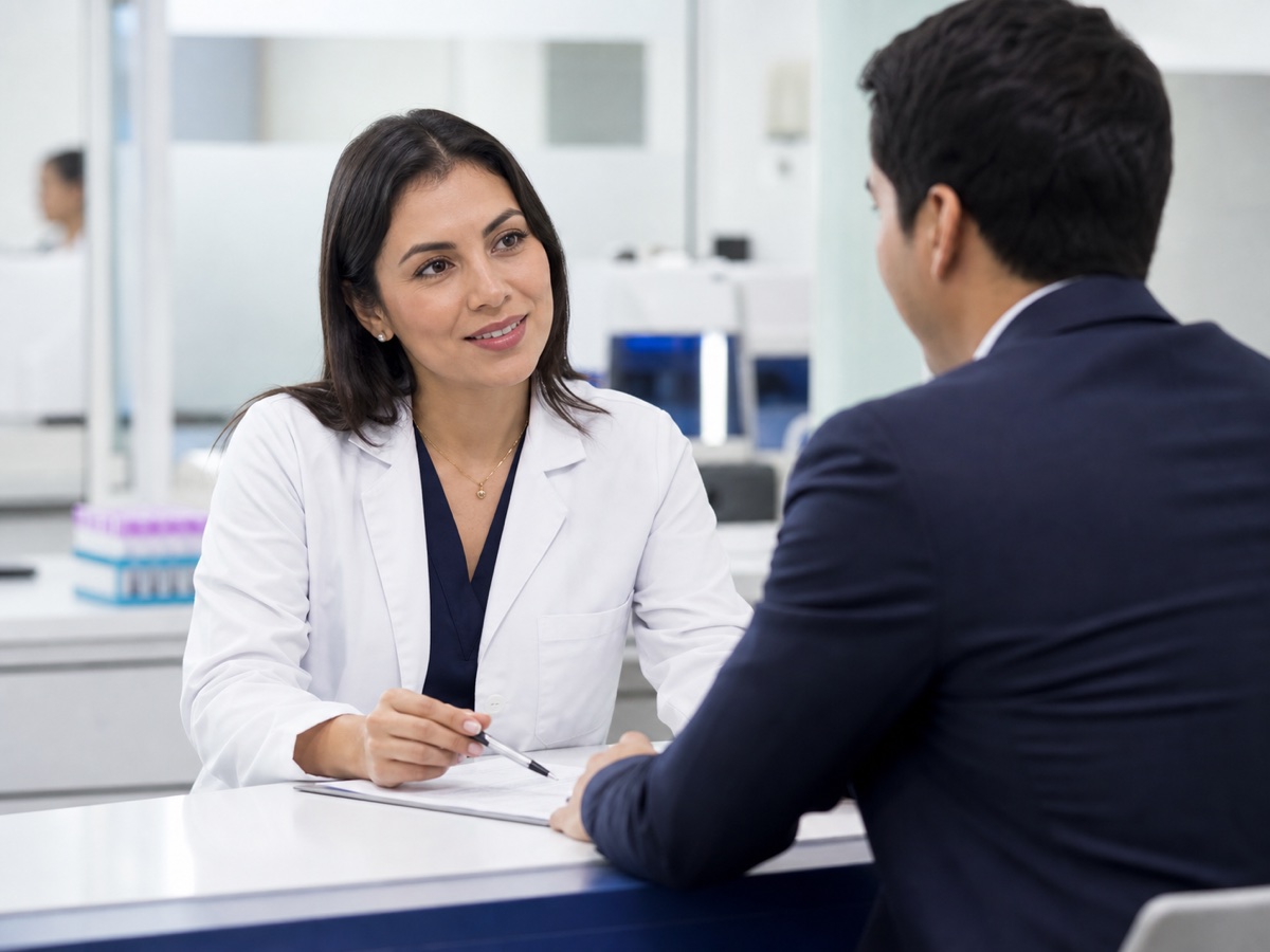 Profesional de laboratorio brindando atención personalizada a un cliente corporativo