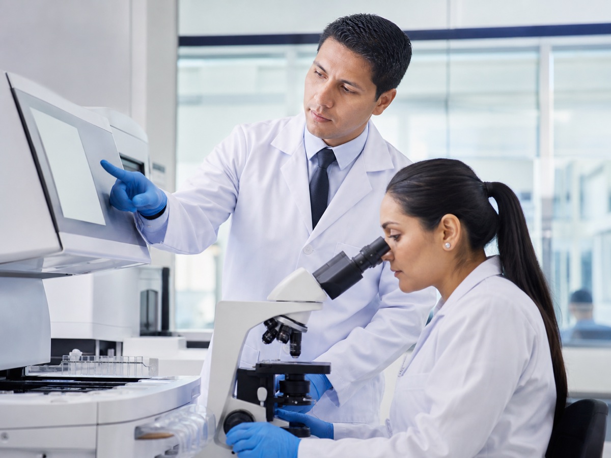 Especialistas de laboratorio trabajando con equipos clínicos modernos
